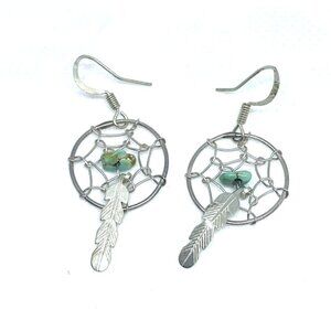 925 Sterling Silver Dreamcatcher Turquoise Feather Earrings Hook Closure
